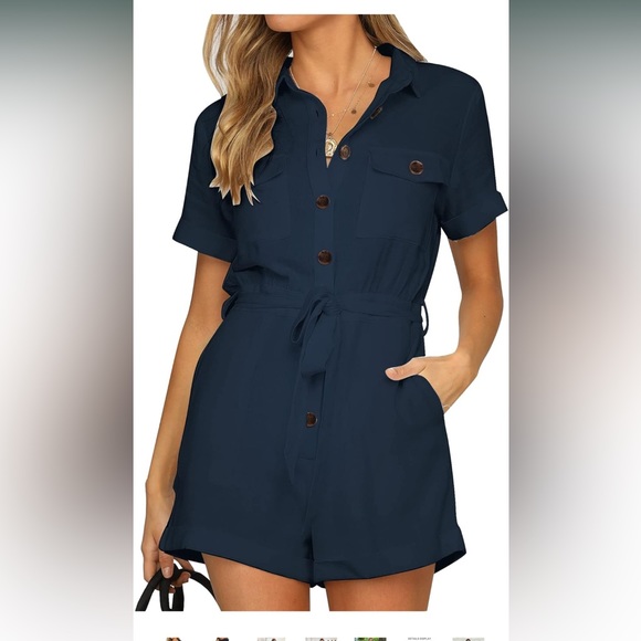 GRAPENT Women's Summer Short Sleeve Button Down Pockets Belted Jumpsuits Rompers - Picture 4 of 4